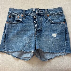 Button-Fly Distressed Denim Shorts - Blue